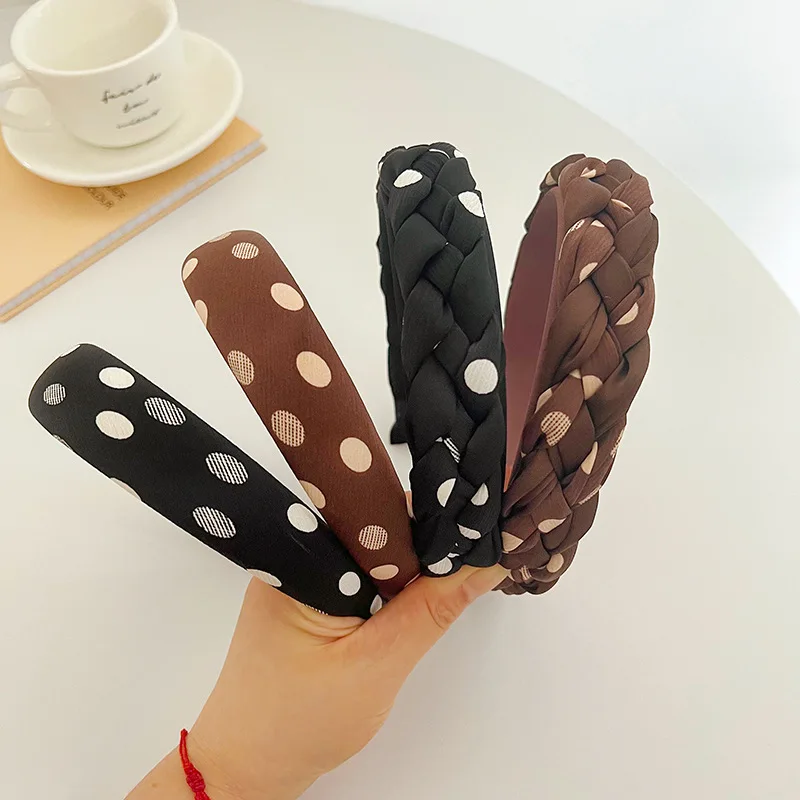 

6PCS 3cm Brown Black Plait Fabric Headbands for Women Girls Ploka Dots Sponge Hairbands Autumn Winter Hair Hoops