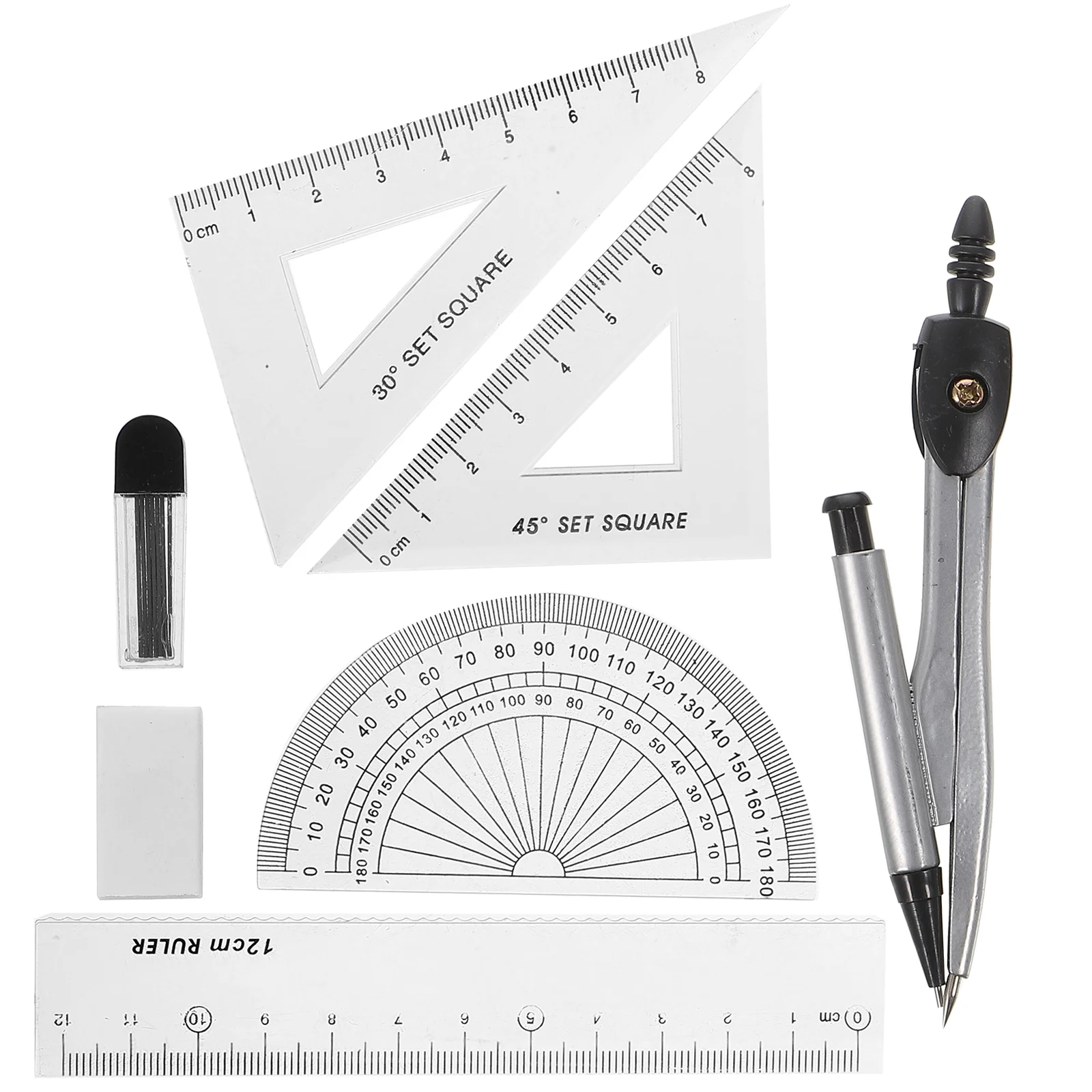 

Compasses Set Geometry Drawing Tool with Protractor Divider Ruler Pencil Lead Eraser