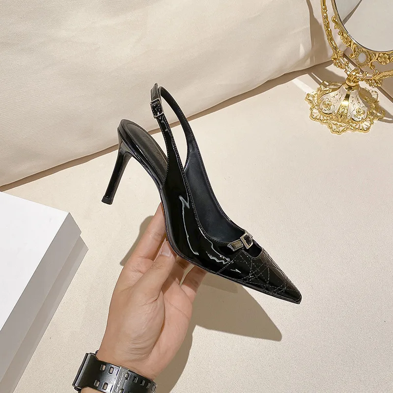 

Summer Women Pumps Office Career Summer Patent Leather 8CM Thin High Heels Pointed Toe Buckle Strap Shallow Solid Woman Shoes