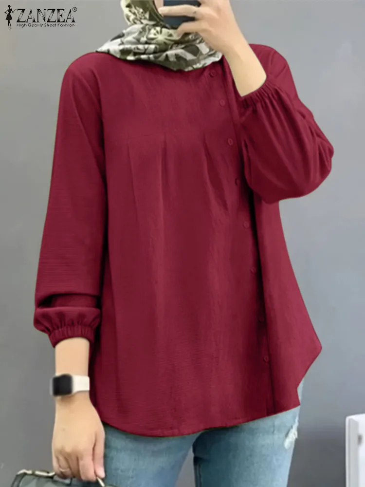 

Women Casual Solid Shirt Loose Abaya Hijab Tops Tunic Ramadan Islamic Clothing ZANZEA Fashion Spring Long Sleeve Muslim Blouse