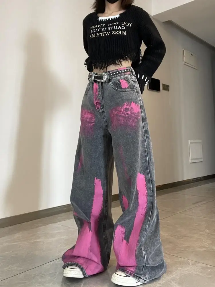 

American New Fashion Graffiti Tie-dyed Vibe Design Sense Y2K High Street Harajuku Style Retro Jeans Female Hiphop Pants Male