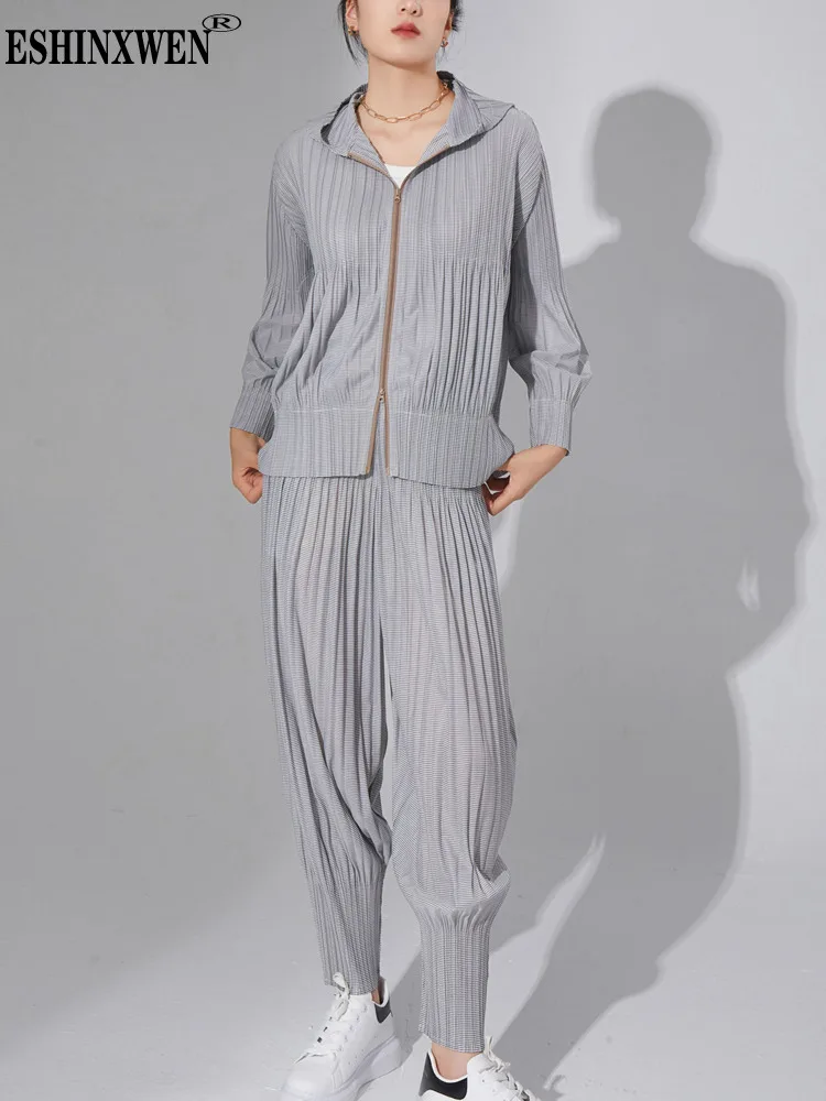 

Eshin Hooded Collar Long Sleeve Zipper Pleated Coats High Waist Pants 2 Pieces Sets For Women 2023 Autumn Fashion New TH5036