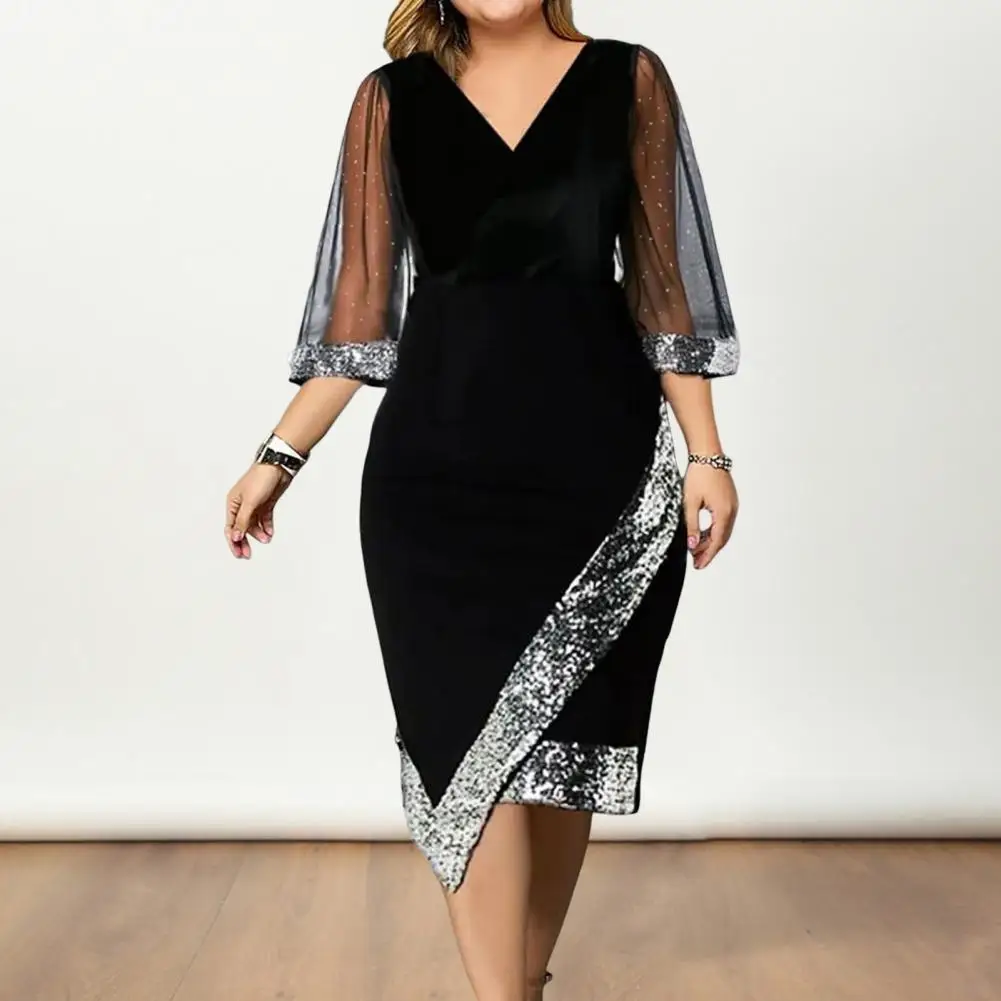 

Sequin Dress Elegant Sequin Mesh Midi Dress with Three Quarter Sleeves V Neckline Irregular Hem for Summer Parties Proms Soft