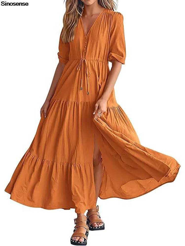 

Women Summer Tiered Boho Beach Flowy Maxi Dress Casual Short Sleeve V Neck Button Drawstring Ruffle Tiered Big Swing Party Dress