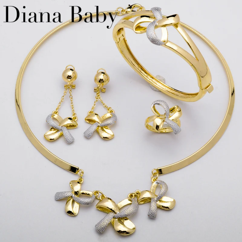 

Dubai Gold Color Jewelry Set For Women Luxury Quality 18K Gold Plated Jewellery Two Tone Necklace Earrings Bracelet Ring