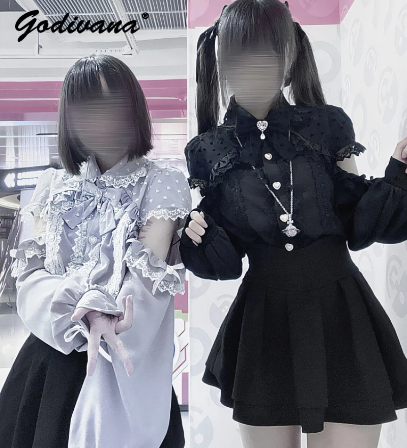 

Mine Mass-Produced Japanese Sweet Girls Lace Bow Off-the-Shoulder Long Sleeve Shirt 2024 Spring New Women's Lolita Blouse Tops