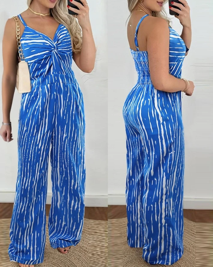 

Fashion Jumpsuits Women 2024 Summer Striped Twisted V-Neck Wide Leg Jumpsuit Sleeveless High Waisted Vacation Jumpsuit