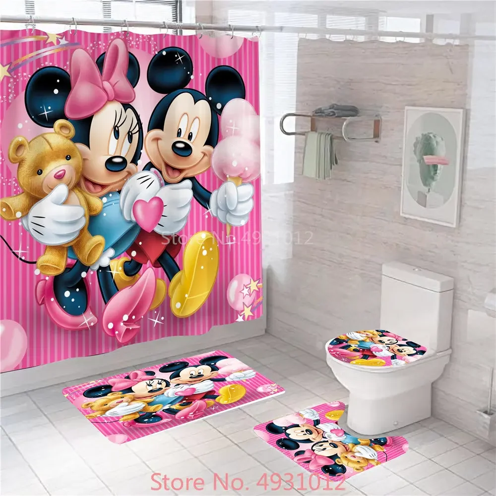 

Anime Pink Mickey Minnie Mouse Bathroom Non-slip Mat Set Waterproof Funny Shower Curtain Pedestal Toilet Cover Bath Mat Rug