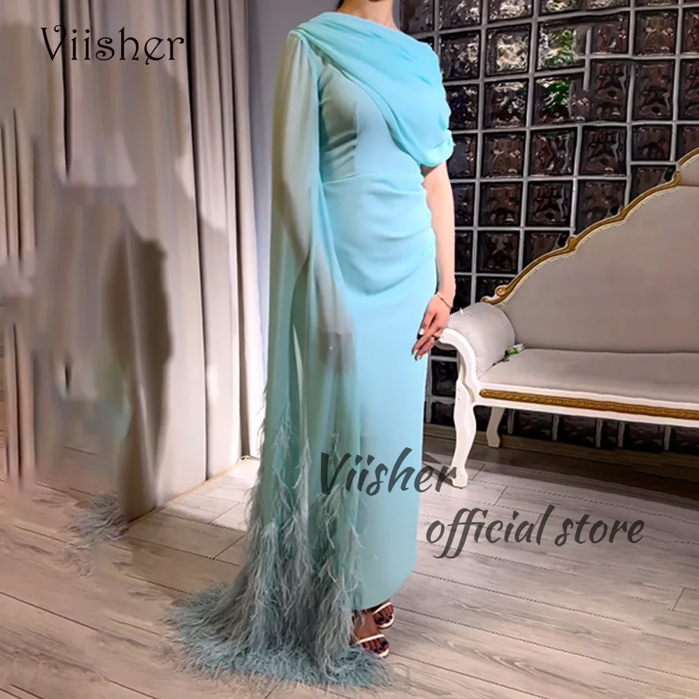 

Viisher Aqua Mermaid Evening Dresses One Shoulder Feather Chiffon Luxury Formal Dress Dubai Arabic Prom Party Dress with Cape