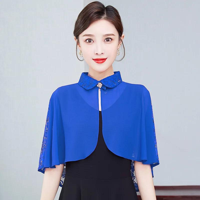 

2023 Spring Summer Hollow Lace Sunscreen Women Chinese Retro Fashion Shawl Leisure Capes Poncho Lady Cloaks Blue