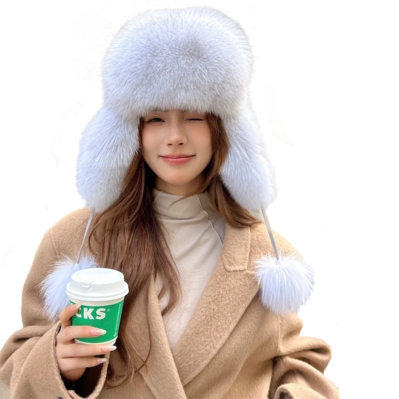 

True Fox Hair Ear Protection Lei Feng Hat for Women in Winter Cute Hair Ball Thickened Ski Hat Warm Plush Fur Wind and Snow Hat