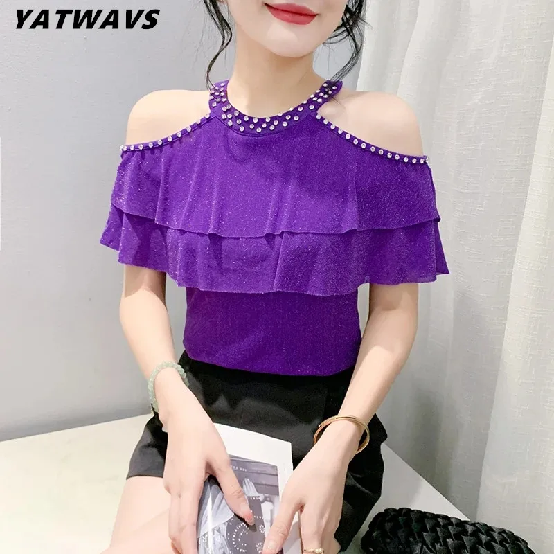 Футболка женская с открытыми плечами, модный пикантный сетчатый топ с оборками и коротким рукавом, Классическая блестящая рубашка с бриллиантами, лето
Футболка женская с открытыми плечами, модный пикантный сетчатый топ с оборками и коротким рукавом, Классическая блестящая рубашка с бриллиантами, лето