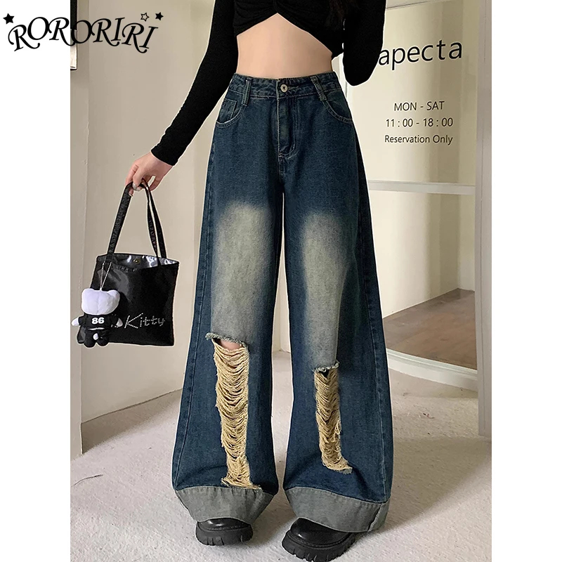

RORORIRI 90s Retro Destroyed Baggy Jeans Women Blue Bleached Ripped Holes Y2k Wide Leg Casual Pants Boyfriend Hip Hop Streetwear