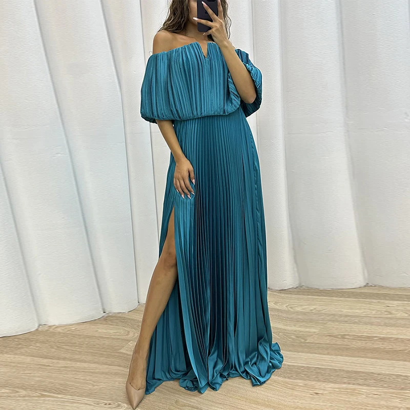 

Fashion Sexy Slash Neck Pleated Banquet Dress Elegant Solid Color Long Dress New Women Off-Shoulder High Waist Split Party Dress