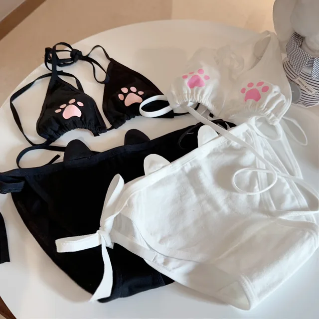 Ensemble de soutien-gorge Lolita à lacets pour femmes, ensemble de sous-vêtements, coton, respirant, Kawaii, griffe de chat, mignon, cosplay, dessin animé, style japonais, lingerie 1