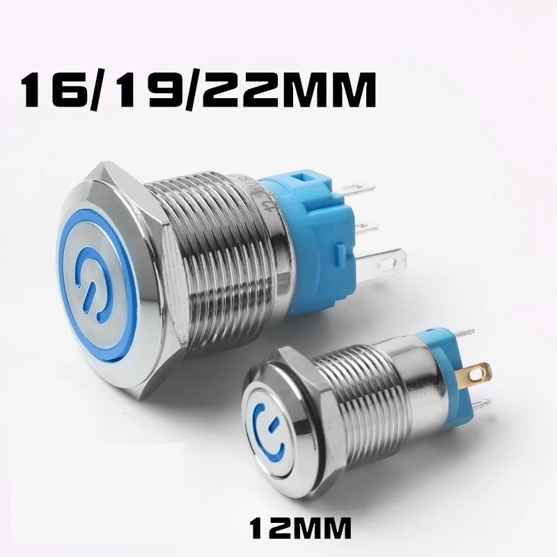 

10pcs 19mm LED Blue 12v Power Symbol Metal Push Button Switch Momentary Self-reset Self-locking Latching White Green Yellow