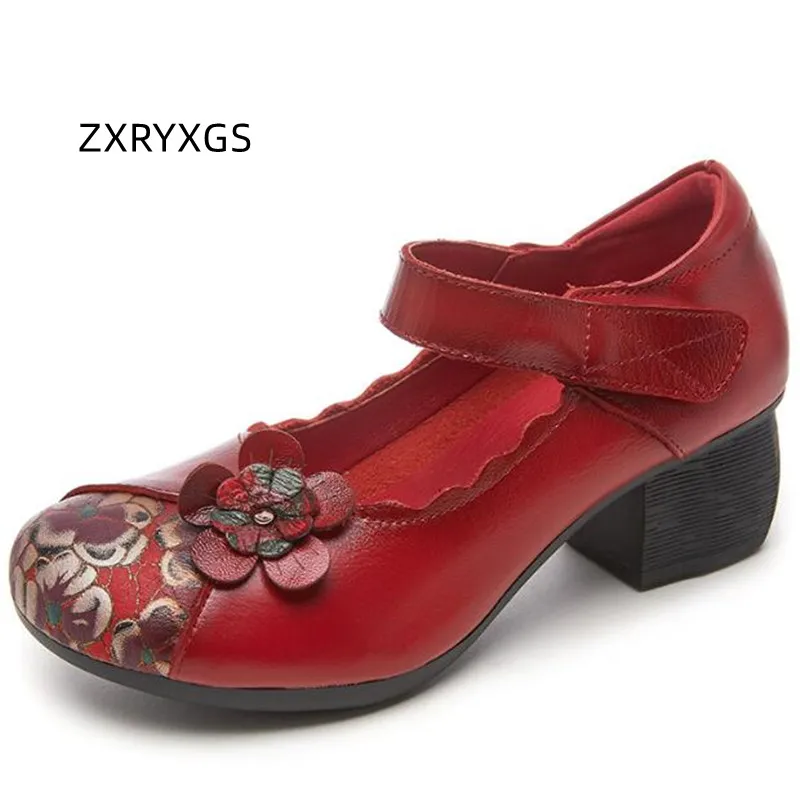 

ZXRYXGS 2024 новые классические женские модные туфли-лодочки с цветочным принтом с закрытым носком из воловьей кожи с мягкой подошвой на толстом каблуке кожаные туфли