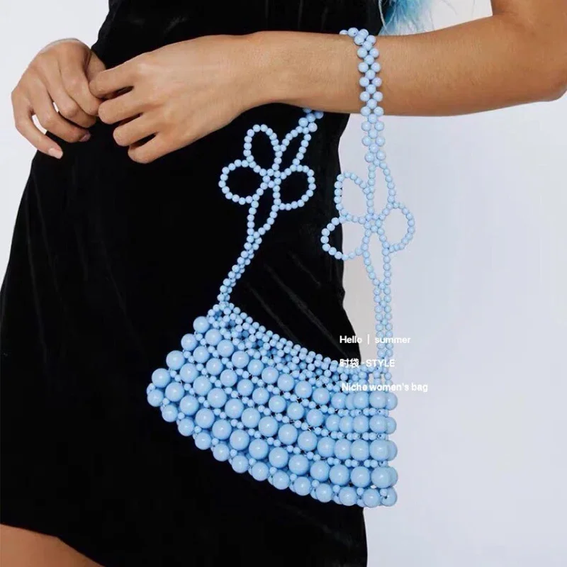 

New Fashion Personalized Texture Handheld Phone Bag Handwoven Blue Beaded Pearl Women's Underarm Shoulder Bags Customization