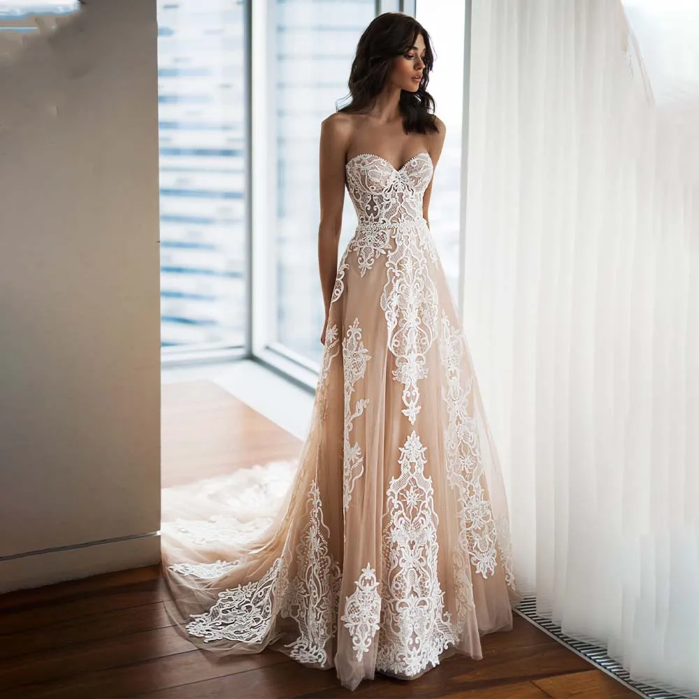 

Modern Champagne Sweetheart Full Lace Applique A Line Wedding Dresses Sweep Train Custom Made Bridal Grown 2024 Vestido De Noiva