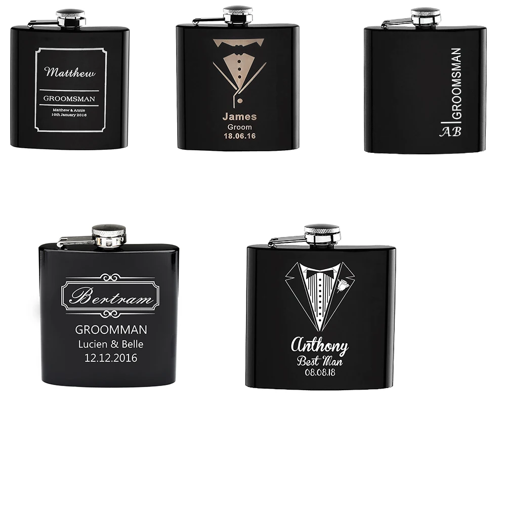 

5PCS Personalized Engraved Black 6oz Hip Flask Stainless Steel BestMan Groom Customized Logo Wedding party Gift Favors