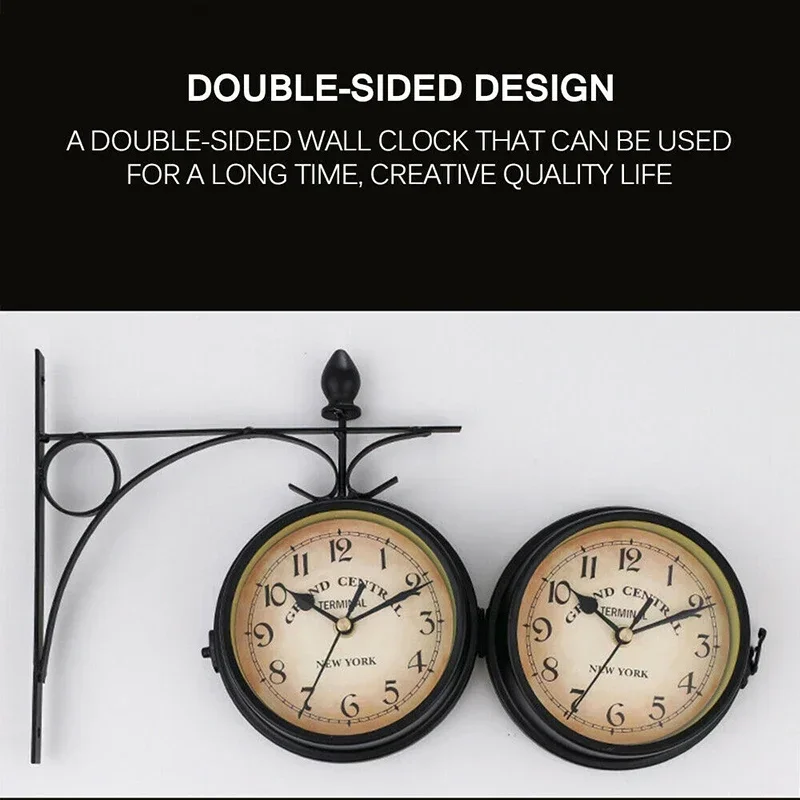 

Retro Style Central Clock Sided Hanging Outside Wall Double Iron Bracket Garden European Station Clocks Decoration