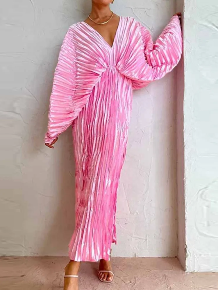 

Элегантное женское платье RDMQ с рукавом «летучая мышь», женское модное однотонное Плиссированное Платье из искусственной кожи с эластичным поясом, Привлекательное платье с двойным V-образным вырезом и разрезом