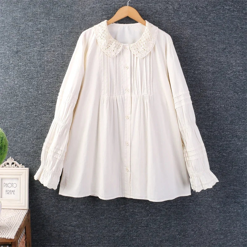 

Japanese Cotton and Linen Shirt for Women, Sweet Peter Pan Collar, Long Sleeve, Casual Loose Tops, Spring and Summer