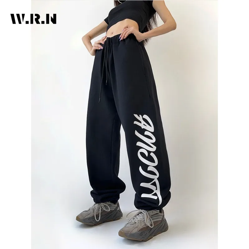 

Women Letter Print Y2K Wide Leg Elastic Waist Drawstring Baggy Pants Vintage Casual Mopping Sweatpant Daily Joggers Trousers