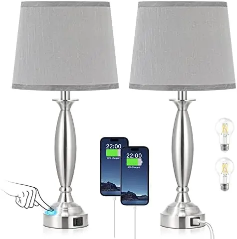 

Lamps for Bedrooms Set of 2 - Touch Control Bedside Lamp with USB C+A, 3 Way Dimmable Nightstand Lamps with USB Port, Table Lamp