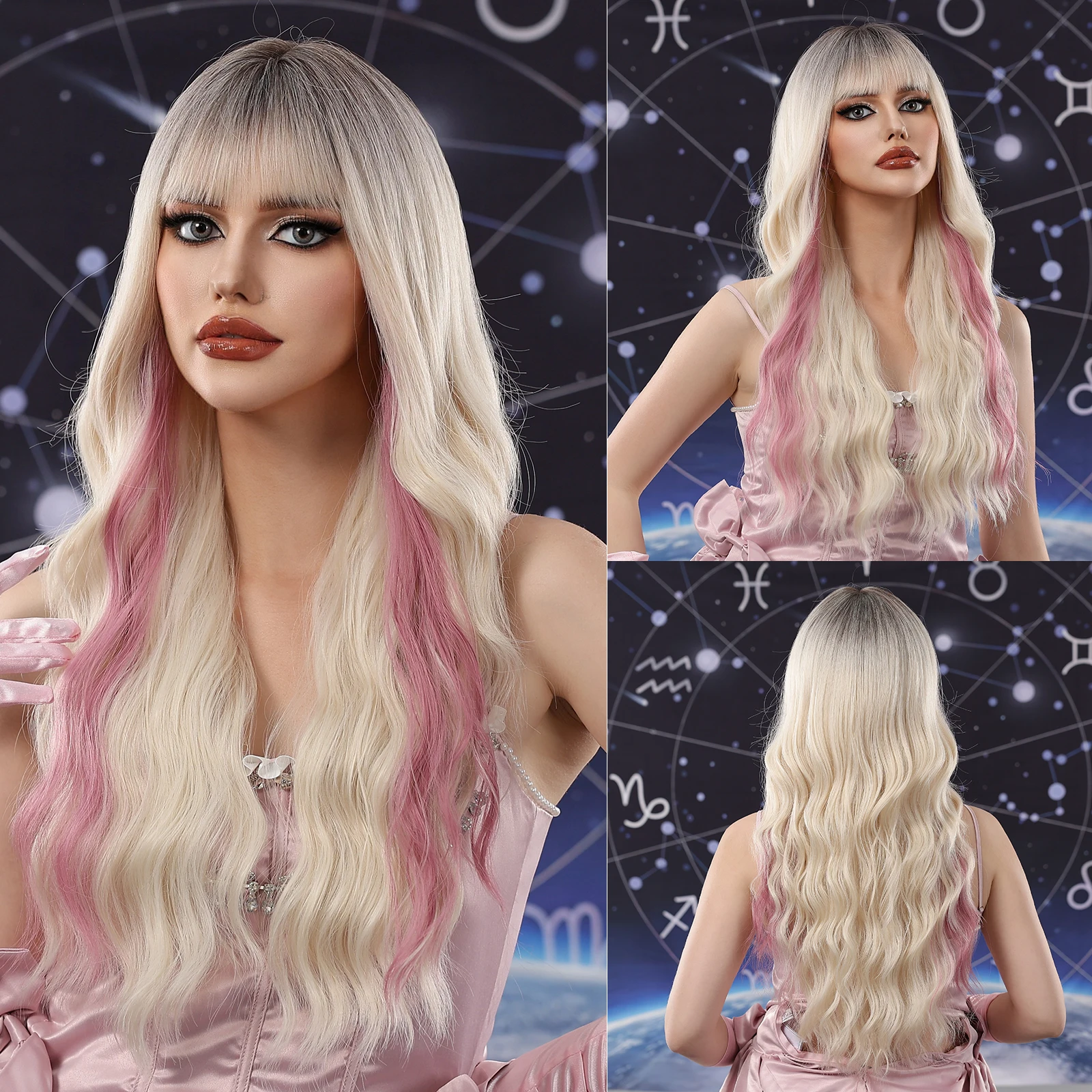 

Pink Highlight Long Wavy Wig Synthetic Ombre Blonde Wigs with Bangs for Black Women Cosplay Daily Hair Heat Resistant Fibre