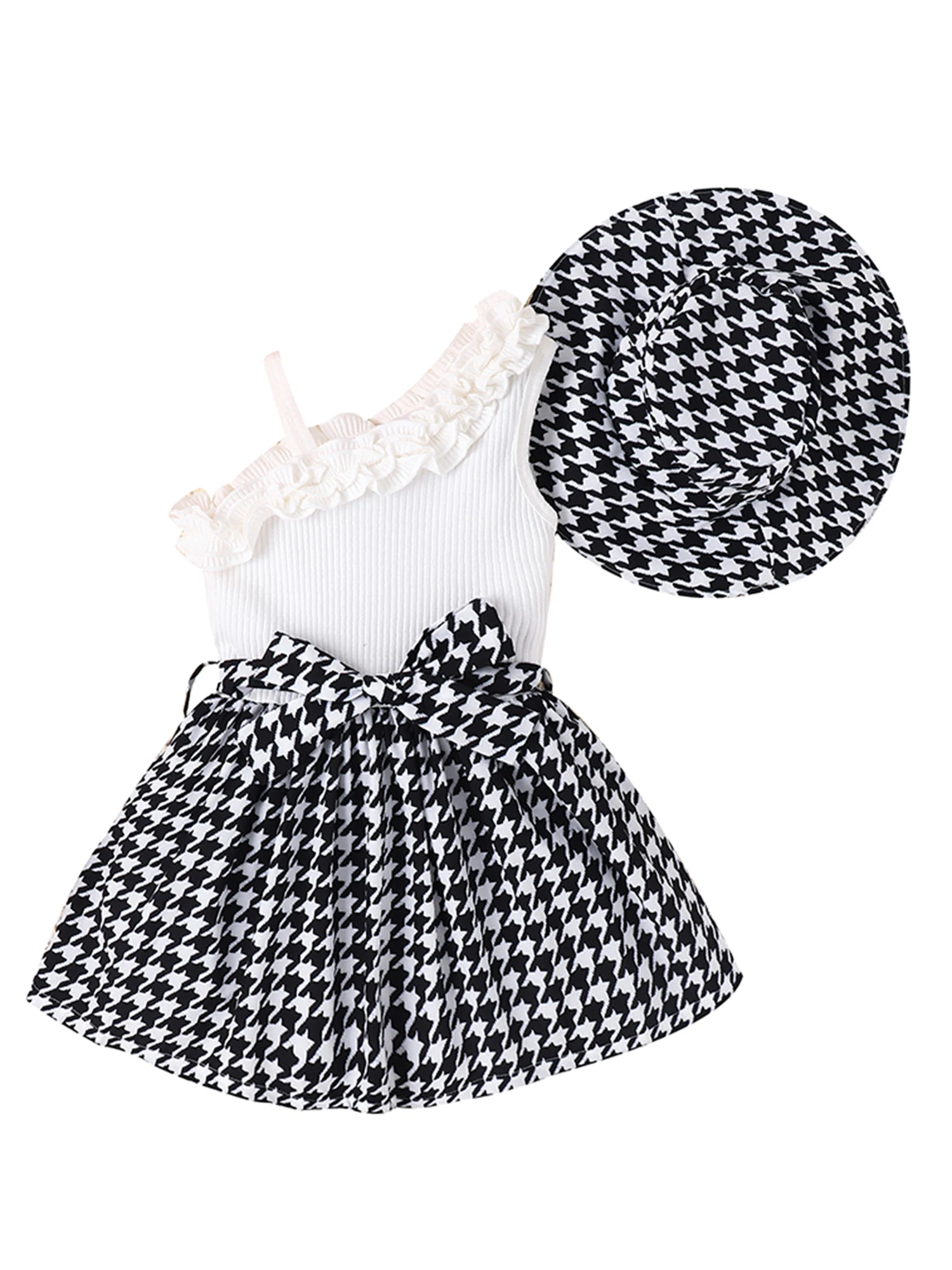 

Toddler Kids Little Girl Summer Dresses One Shoulder Ruffle Houndstooth Ribbed Knit A Line Dress with Sun Hat Formal Outfit