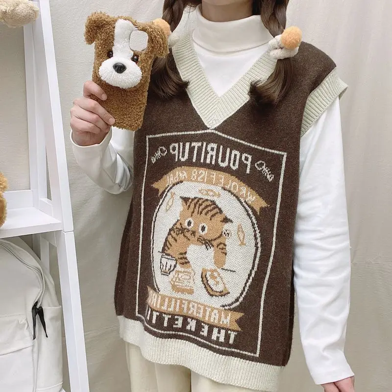 V Neck Preppy Sweater Vest Korean Sleveless Letter Cat Sweater Vest Women Loose Vintage Female Jumper Waistcoat 2023
V Neck Preppy Sweater Vest Korean Sleveless Letter Cat Sweater Vest Women Loose Vintage Female Jumper Waistcoat 2023