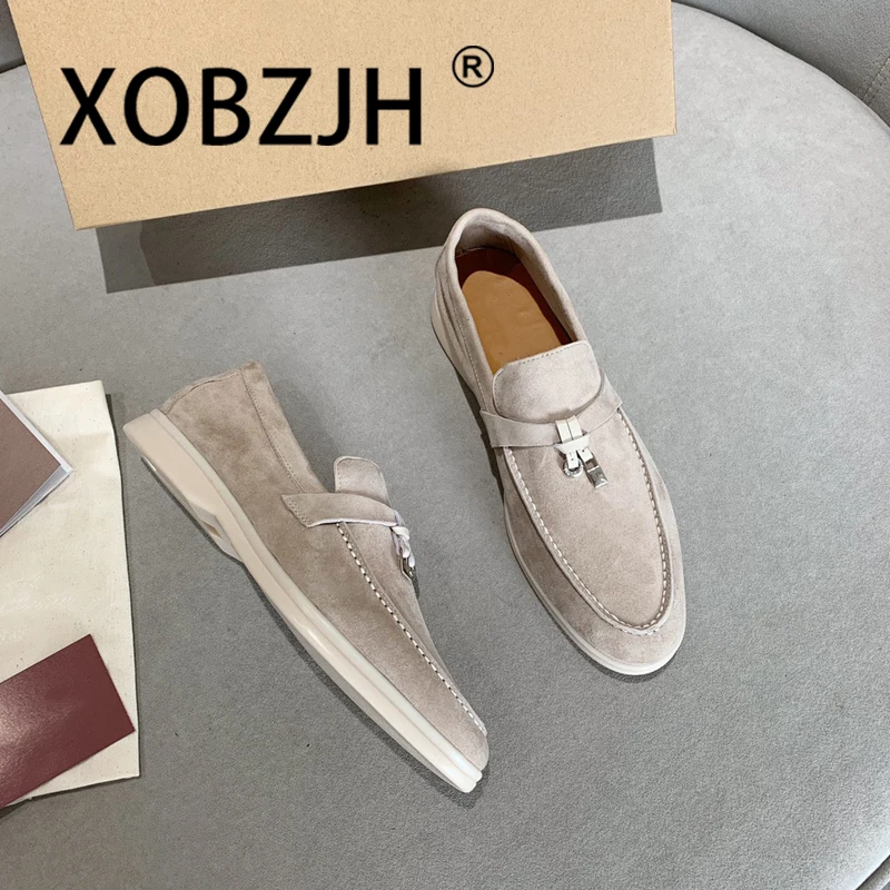 

Suede Men Loafers Summer Walk Shoes Spring Autumn Fashion Causal Moccasines Leather Metal Pendant Flat Shoes Lazy SlipOn Mules