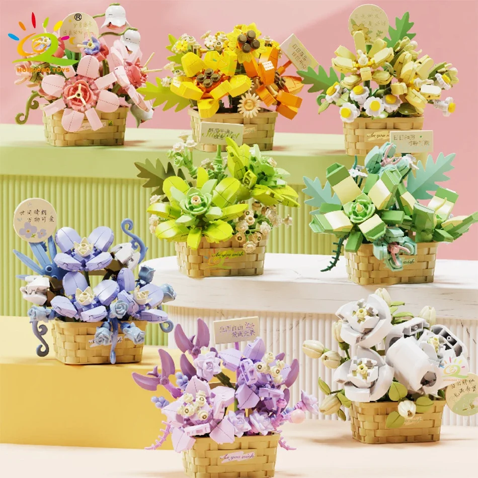 

HUIQIBAO MOC MINI Flower Basket Ornaments Building Blocks City DIY Set Assembled Decoration Construction Toys For Children Gift