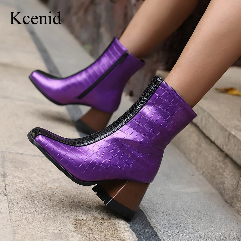 

Kcenid Ladies Square Toe Mixed Color Chunky Heels Ankle Boots Size 48 High Heels Woman Modern Boots Fashion Snake Print Shoes