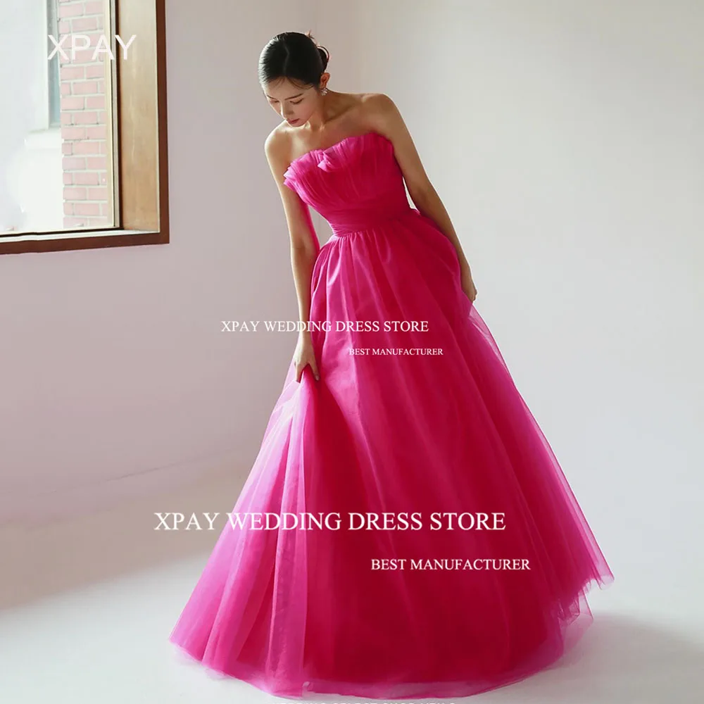 

XPAY Strapless Hot Pink Korea Evening Dresses Photos Shoot Fairy Tulle Draped Ruffles Evening Gowns Corset Formal Party Dress