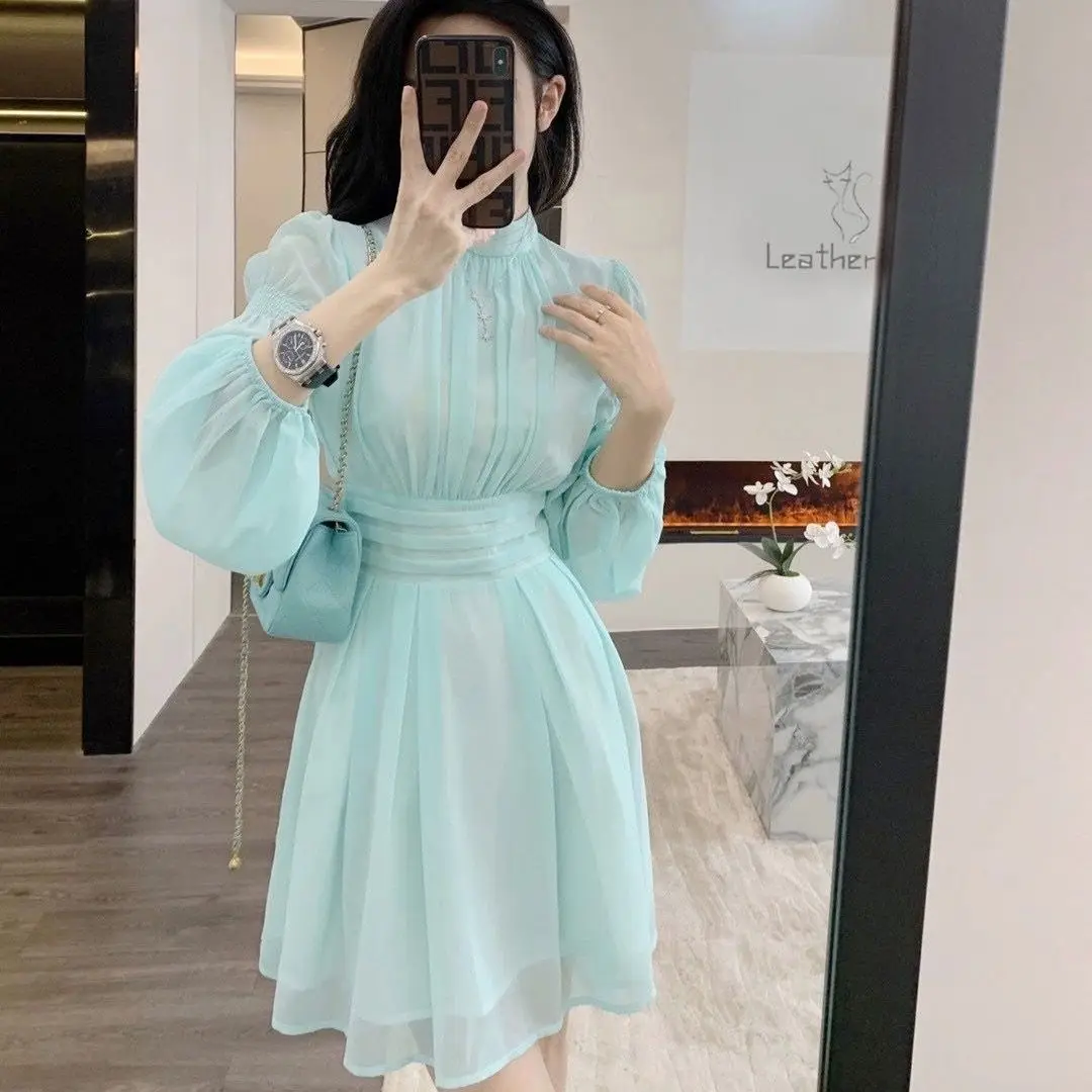 

Korea Women Dress Gentle Style Half-High Collar Long-Sleeved Spring Dress Sexy Waist Solid Color Chiffon Outer Wear
