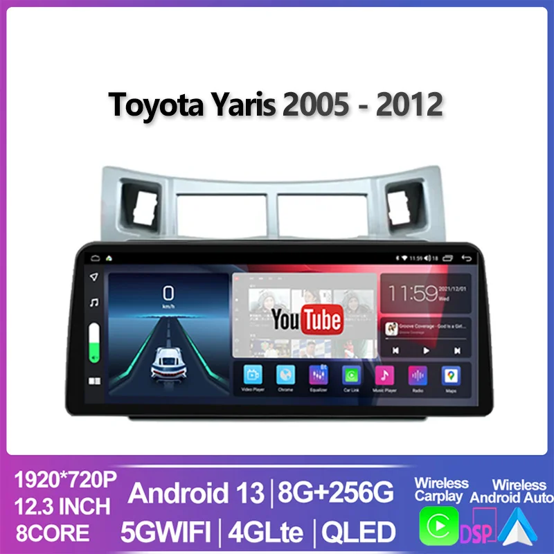 

12.3 Inch For Toyota Yaris 2005 - 2012 Car Radio Multimedia Video Player Android 13 Auto Carplay GPS Navigation 2 DIN DVD 4G BT