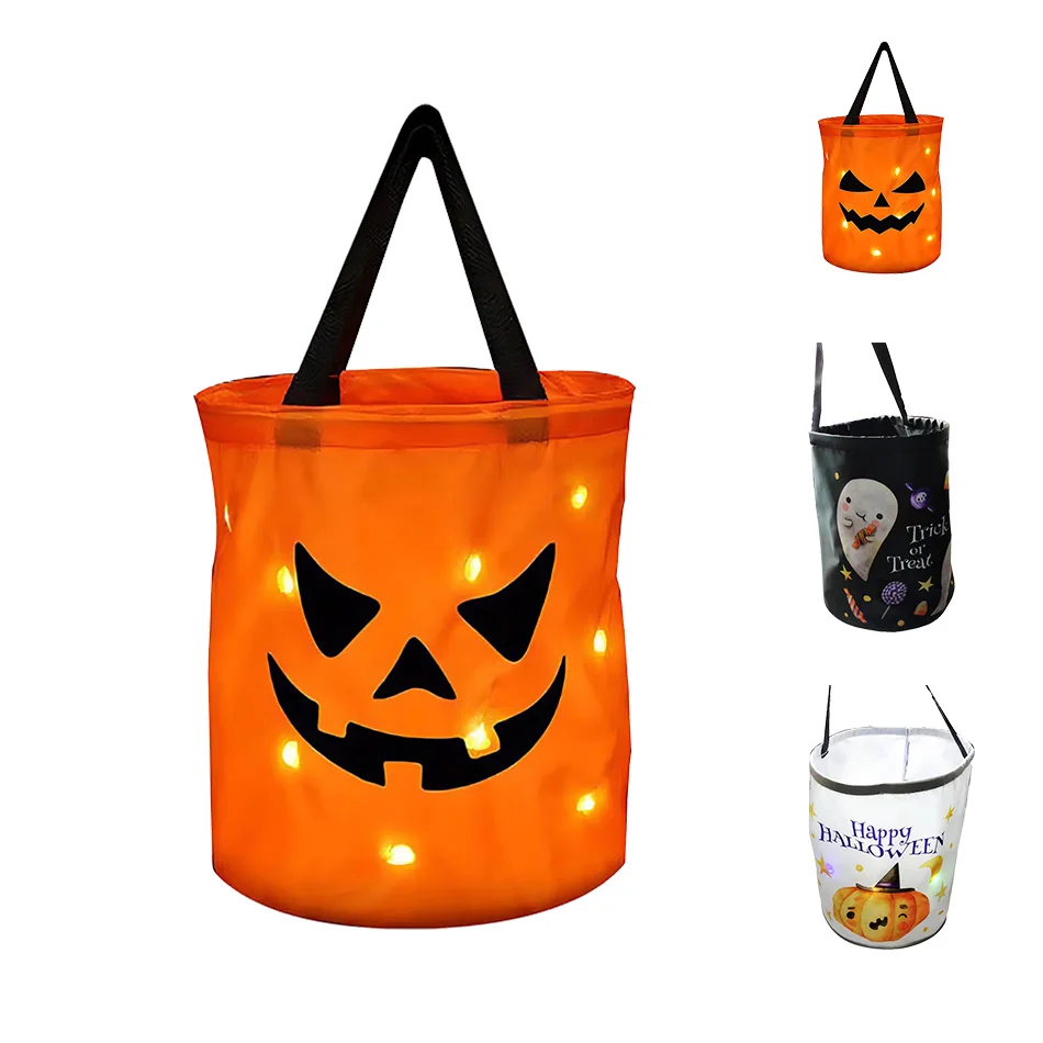 

Halloween Trick Or Treat Bags LED Light Up Pumpkin Candy Bag Tote Bag Candy Storage Bucket Reusable Thanksgiving Party Kids Gift