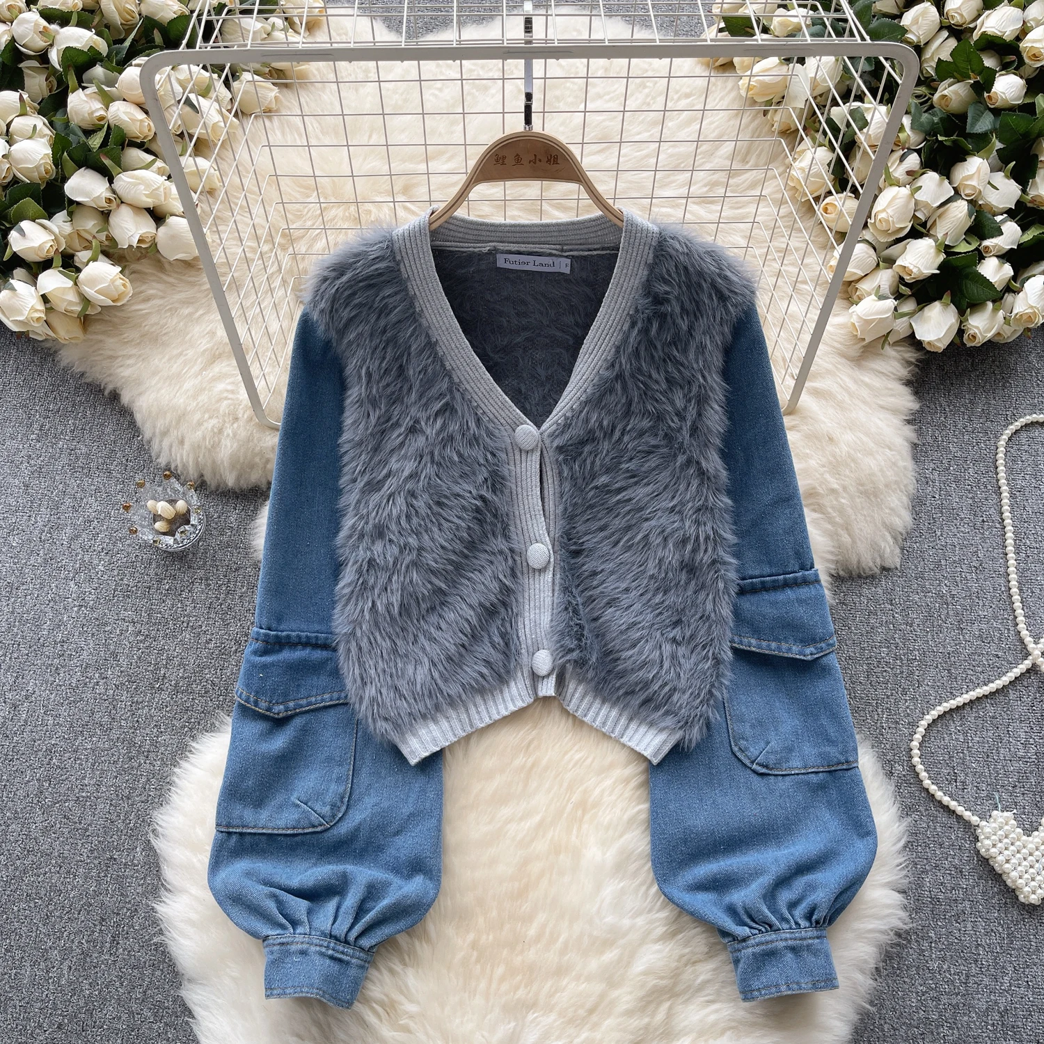 

Autumn and winter European and American pure lust hottie style soft plush loose slimming design denim sleeve patchwork cardigan