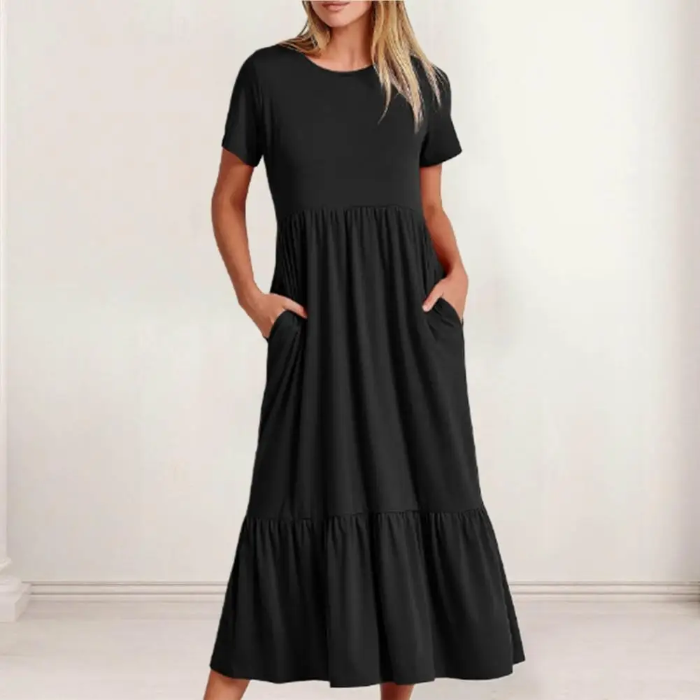 

Women Summer Dress Short Sleeves Round Neck Loose Hem Pleated A-line Pockets Mid-calf Length Female Clothing Flowy Sundress