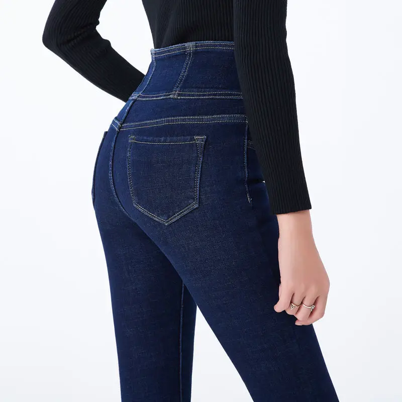

2021 Streetwear High Waist Thickening Skinny Denim Pants Women Plus Size Warm Stretch Pencil Jeans Mom's Slim Waist Velvet Jeans