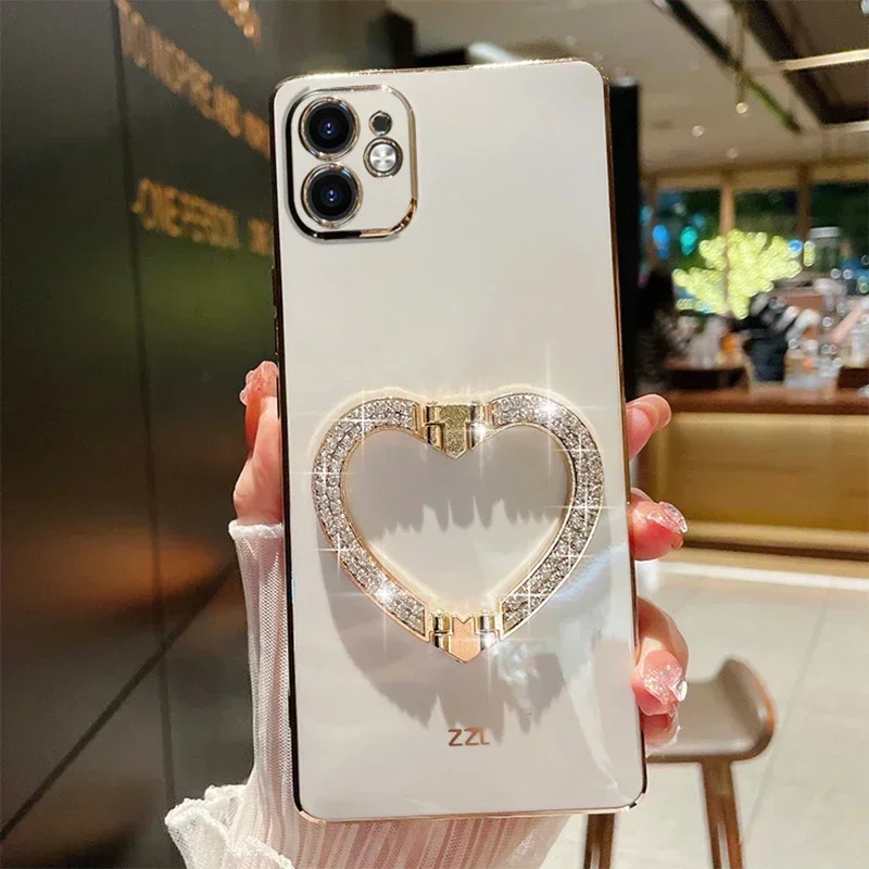 

Luxury Shining Metal Love Holder Plating Soft Case For iphone 15Pro 14Plus 13 Pro 12 Mini 11Pro MAX 15PLUS Shockproof Cover