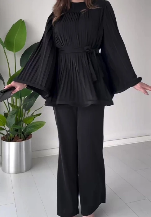 

Two Piece Elegant Women's Temperament Commuting Round Neck Bat Long Sleeve Pleated Tie Detail Blouse Top and Wide Leg Pants Set