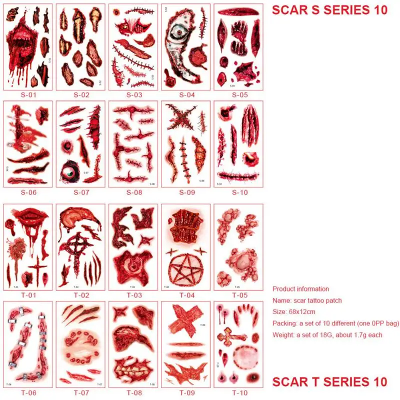 

10 Sheets Halloween Tattoo Stickers Happy Halloween Scar Temporary Fake Tattoos Paste Body Art Makeup Sticker For Face Arm Leg