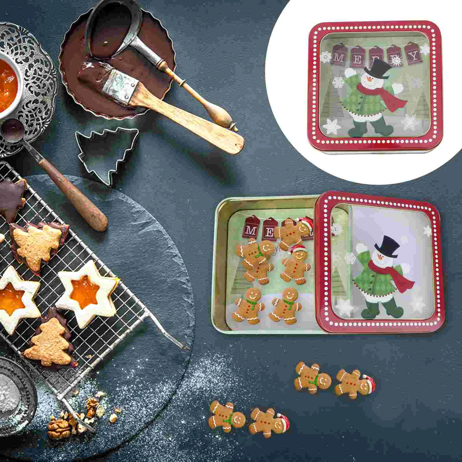 

Christmas Tin Gift Box Empty Chocolate Cookie Candy Tinplate Storage Boxes Square Tea Jar Containers Snowman Pattern for Xmas