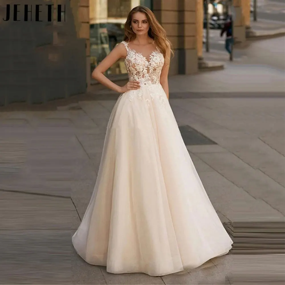 

JEHETH Elegant Spaghetti Straps Wedding Dress Charming Lace Appliques Bridal Gowns Sleeveless Buttons A-Line Vestidos De Novia