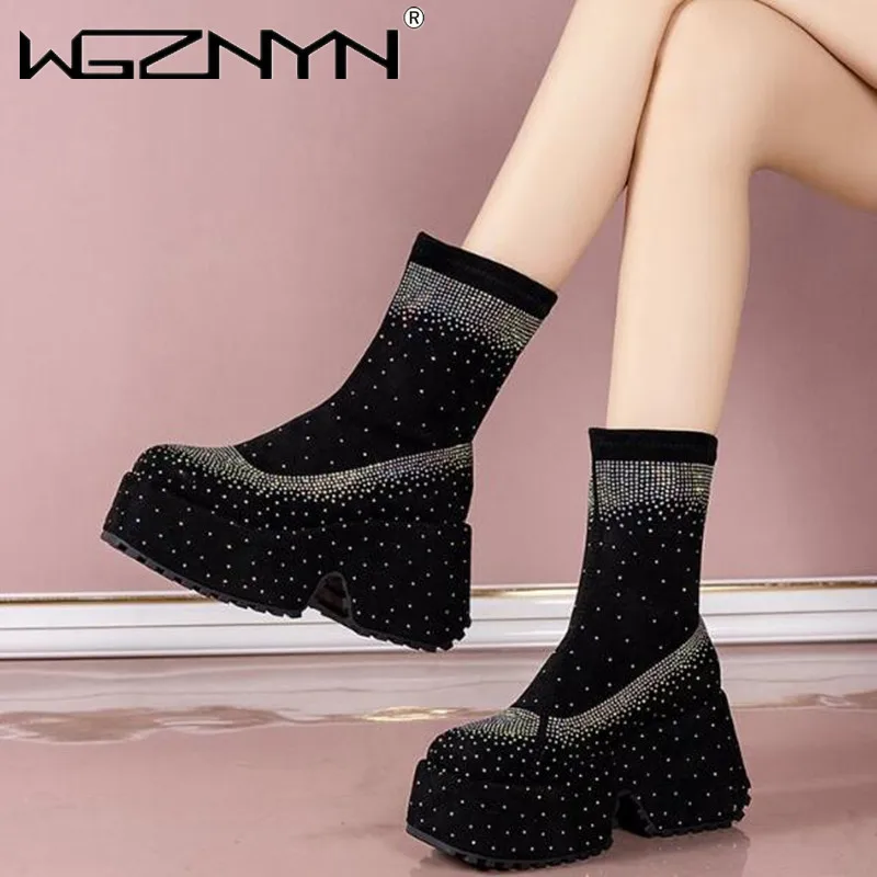 

Brand Women Wedges Platform Shoes High Heels Crystal Chelsea Boots 2023 New Winter Chunky Ankle Boots Pumps Fad Sexy Snow Botas