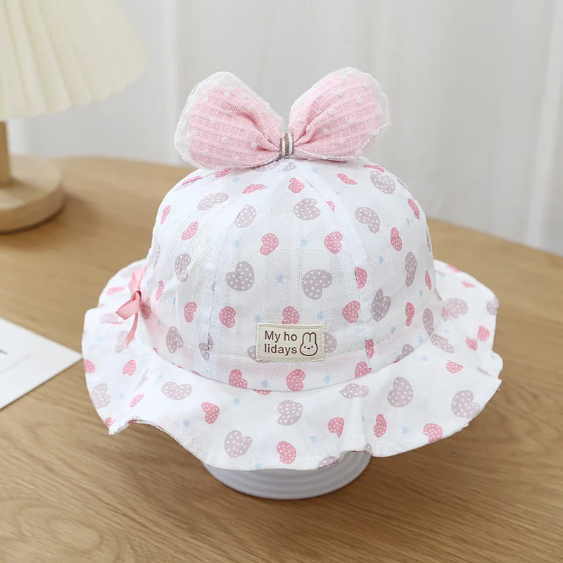 

5 Colors Spring Baby Girls Fashion Fisherman Hat Infants Sunscreen Cap Newborn Heart Print Toddler Headwear Accessories 0-12M