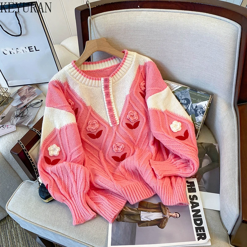 

Pink Sweet Three-dimensional Flower Sweaters Pullovers Women's Autumn Winter O-Neck Long Sleeve Knitwear Tops Jumper Pull Femme